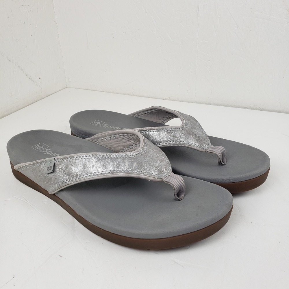 Spenco Yumi Metallic Pewter Orthotic Flip Flop Silver Grey Womens 12 Wide Sandal